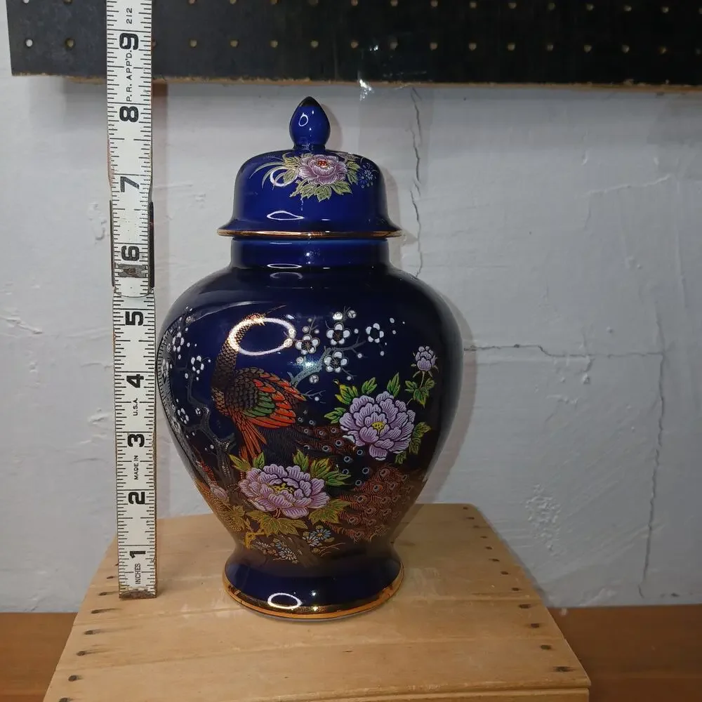 3 Cobalt Blue Vase Ginger Jar with Lid Floral Peacock Asian Decor Accent #54